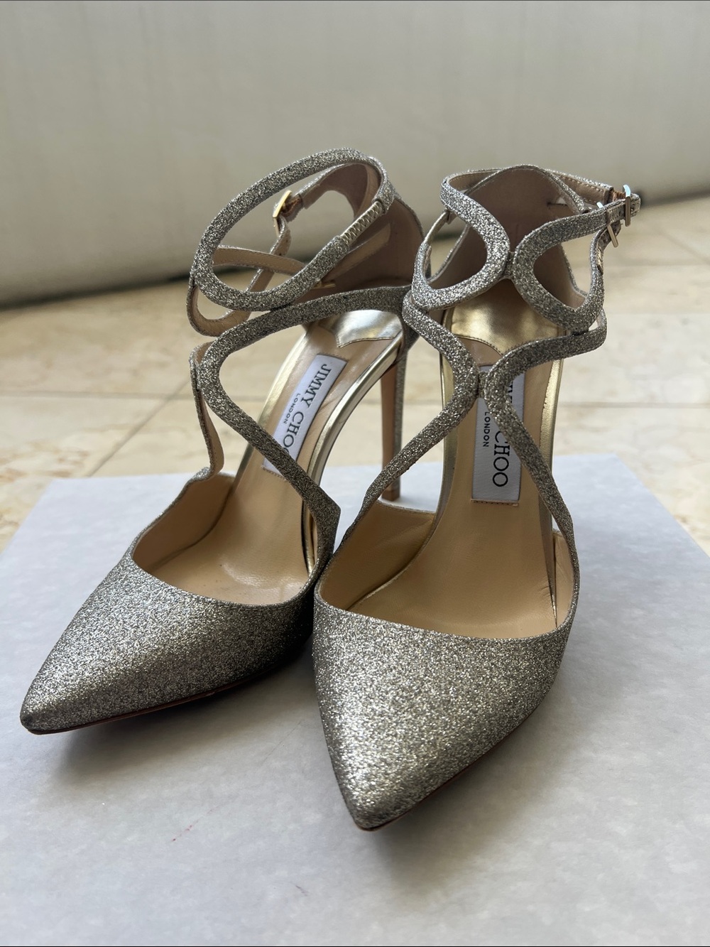 Jimmy Choo Silver Glitter Strappy Pointed-Toe Heels